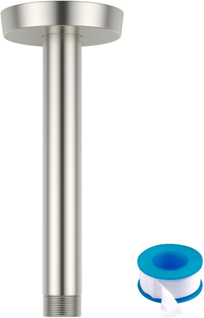 Lordear Shower Arm 6 Inch Brushed Nickel Ceiling Mount Shower Arm and Flange 6” Shower Head Extension Arm Design for Rainfall Showerhead,Round Pipe - Image 1